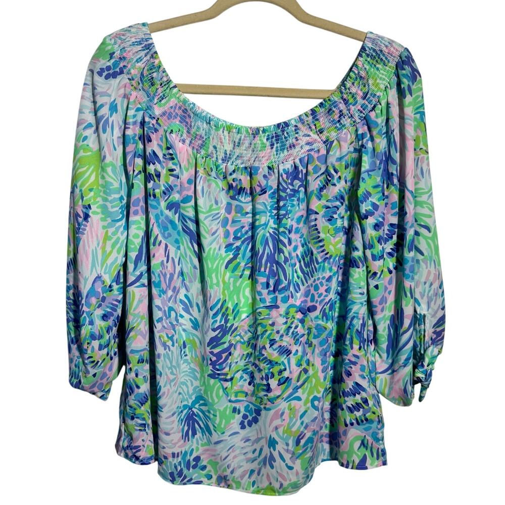 Lilly Pulitzer Off The Shoulder Top Women M Blue Shell Of A Party Preppy Coastal